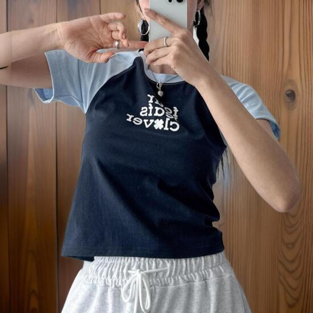 New Arrivals Open Run Women Crop Raglan ShorT Sleeve T shirT Two Tone Round Neck