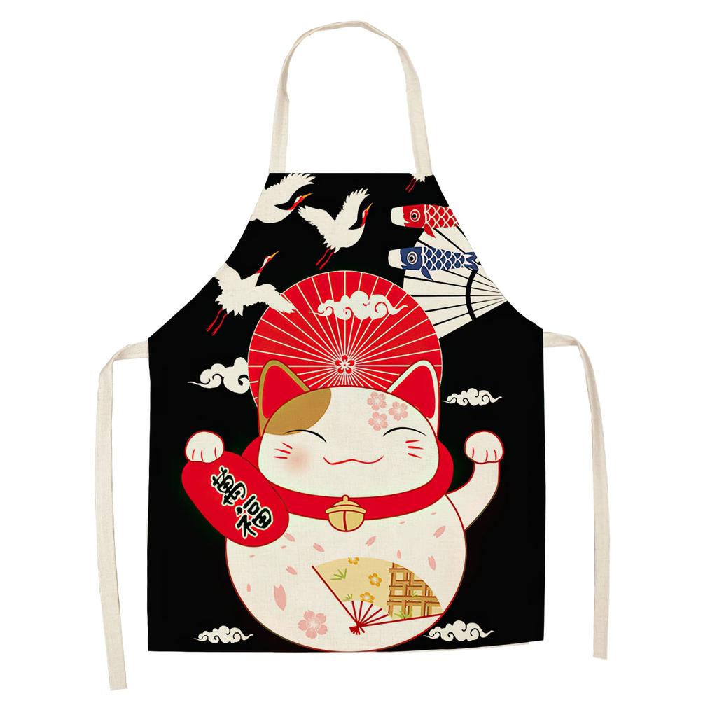 Cotton and Linen Apron Japanese Cartoon Lucky Cat Cooking Sleeveless Bib Waterproof Anti-greasy Kitchen Supplies Chef Apron