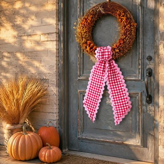 Harvest Party Decor Fall Scalloped Wreath Sash for Front Door, 55 Inch Plaid Gingham Autumn Holiday Home Thanksgiving Ribbon Yard Porch Doorway Indoor