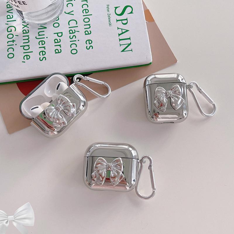 Applicable Apple earphone case electroplated silver bow AirPods earphone case simple advanced sense cute