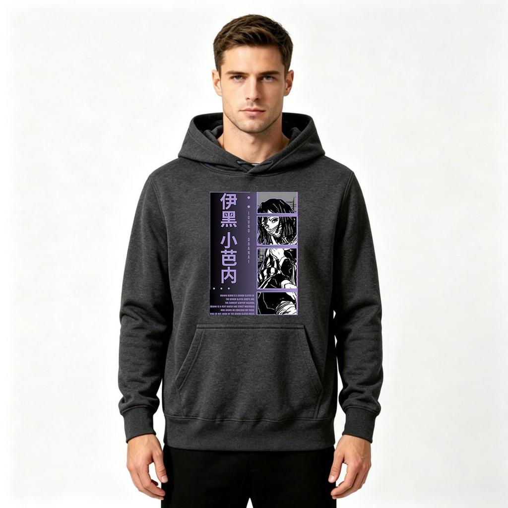 Men Anime Printed Pullover Hoodie Casual Long Sleeve Sweatshirt with Iguro Obanai Pattern