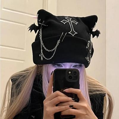 Japanese-style Subculture Original Punk Cat Ear Hat, Cross Chain Woolen Hat, Chain, Cool and Stylish, High Appearance Level Hat