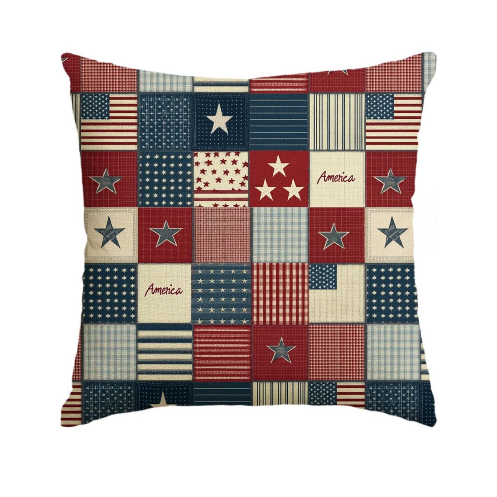 

Breathable Linen Independent Day Pillow Cover With Floral Checkered Stripes And Star Patterns, Sofa Decorative Cushion, Seating Cushion S синий