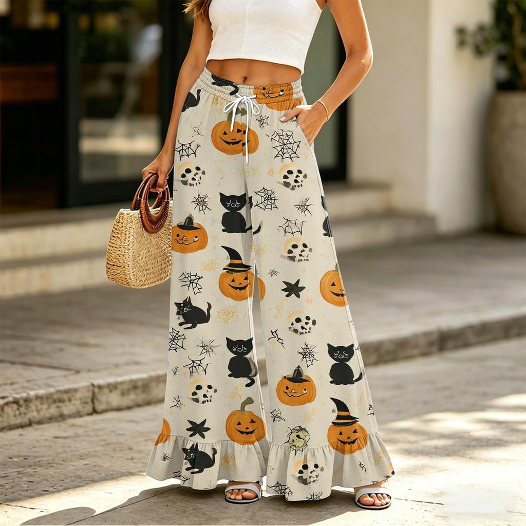 Pantaloni Larghi da Donna con Tasche Vita Alta Coulisse Vestibilità Larga Pantaloni Casual Stampa Halloween Leggeri Comodi