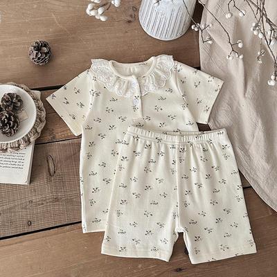 Letní bavlněný dívčí pyžamový set třídy A s krajkou – Top s krátkým rukávem a šortky