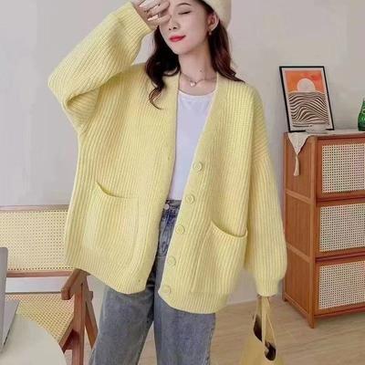 Loose and Lazy Wind V-neck Sweater Cardigan Women's Autumn and Winter Simple Solid Color Versatile Medium and Long Knitted Jacket Women