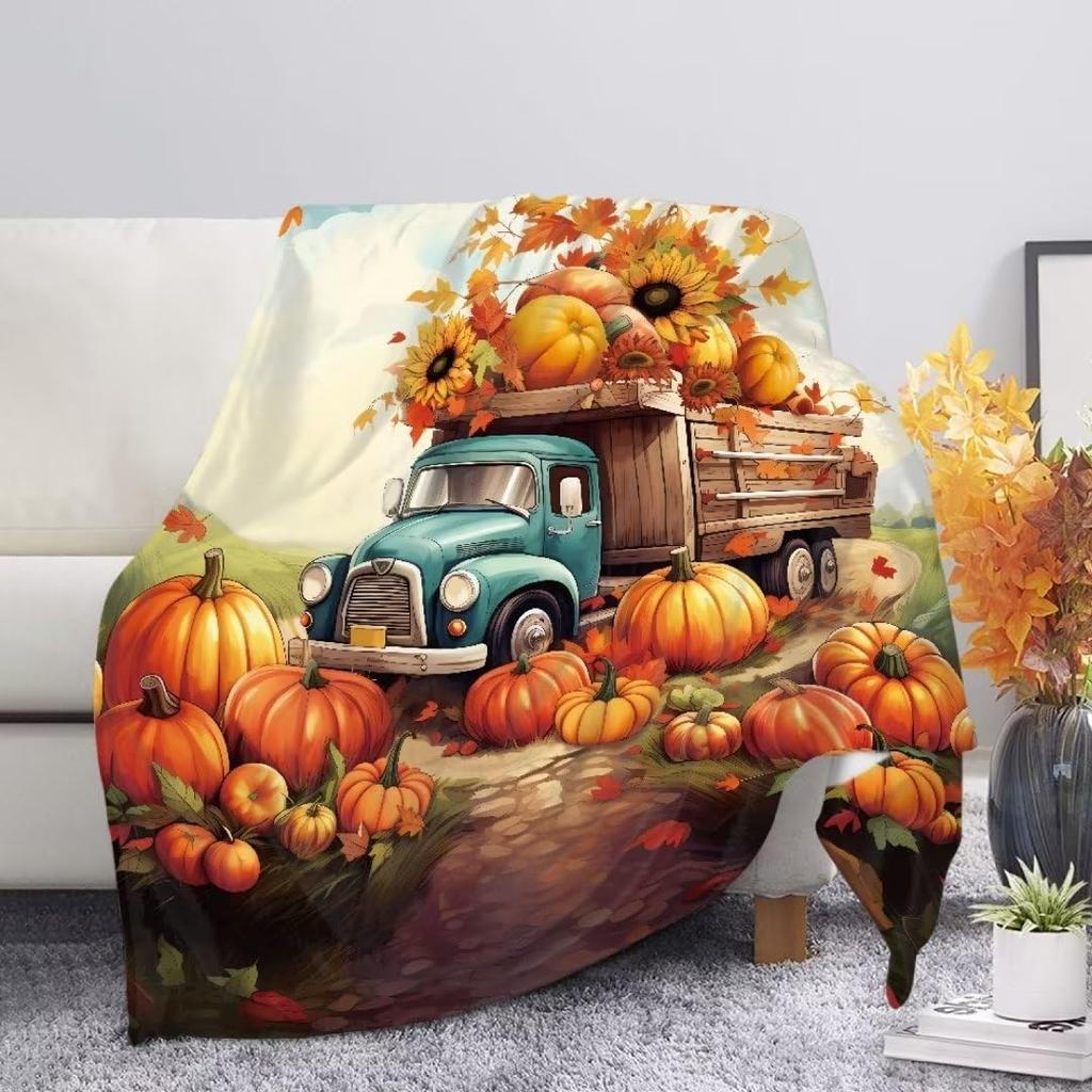 Harvest Autumn Throw Blanket Pumpkin Farmhouse Fallen Leaves Blanket Cozy Soft Lightweight Flannel Plush Blankets for Bed Couch