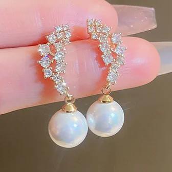 Simple Stylish Simulated Pearl Earrings with Cubic Zirconia Fashionable Women Silver Color Luxury Trendy Jewelry