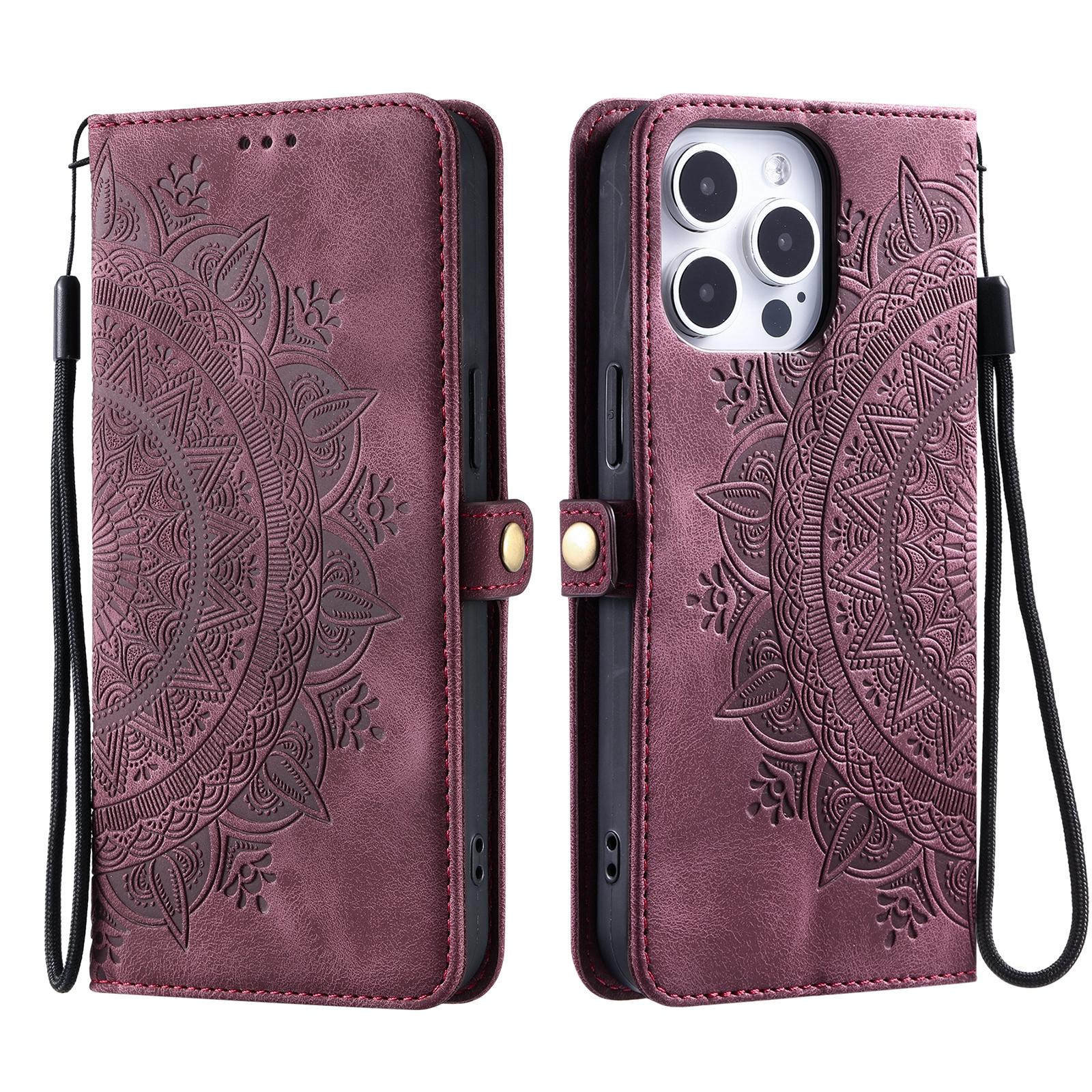 

Style 016 For iPhone 16 Pro Max Case Skin Feel Totem Imprinted Wallet Leather Phone Cover Wine Red