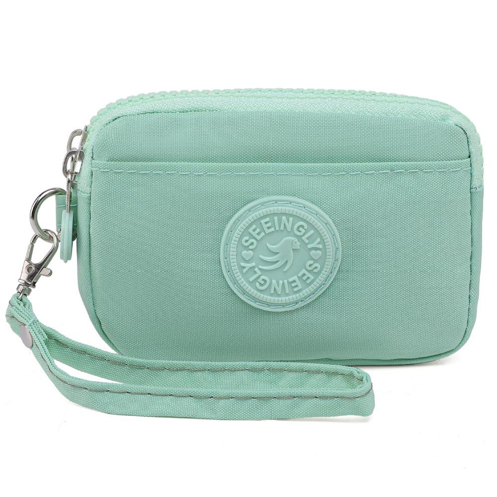 Portable Solid Color Women Wallet with Lanyard Waterproof Credit Card Holder Double Layer Nylon Zipper Clutch Ladies