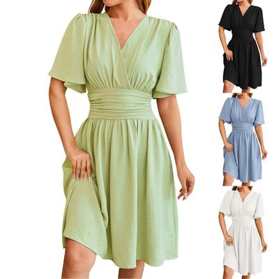 Women's Fashion Casual Solid Color V Nneck Waist Flared Sleeve Pullover Dress