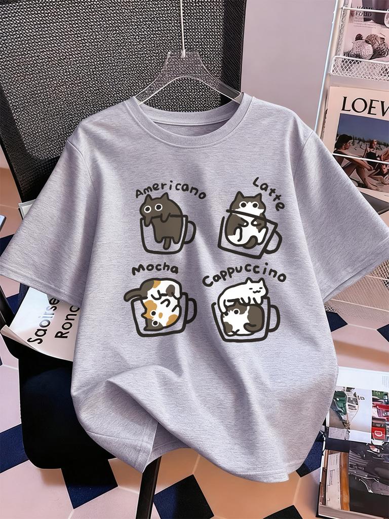 Cat Coffee Art Letter Printing TShirts Womens Summer Cotton Short Sleeve Tops ONeck Soft Loose T Shirt Casual Womans Clothes