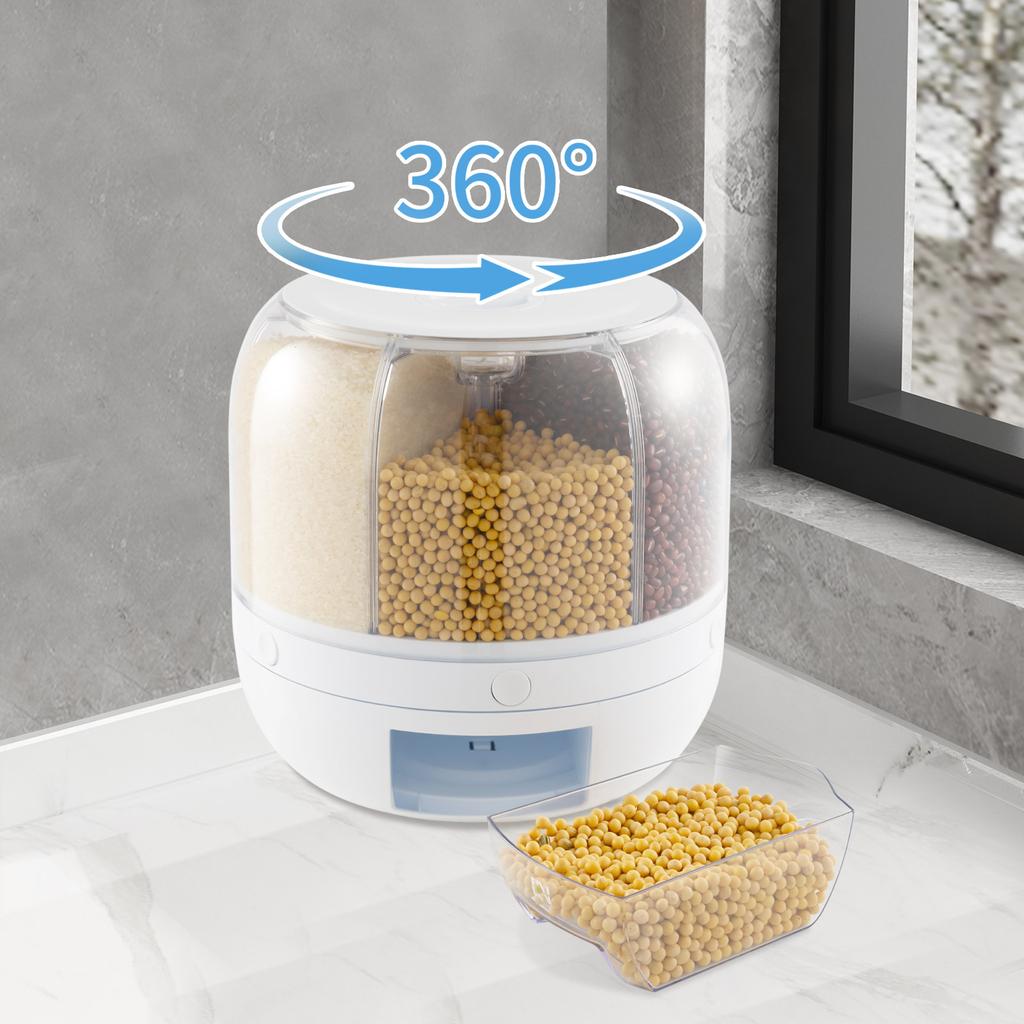 Bymaocar 6-compartment Grain Storage Container Storage Can, 360° Rotatable Food Dispenser for Storing Coarse Cereals & Dry Goods