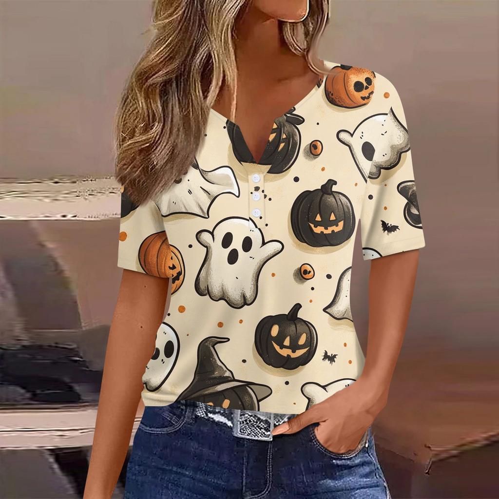 Women's T Shirt Tee Halloween Printed Button Short Sleeve Tunic Daily Weekend Fashion Basic V- Neck Regular Top
