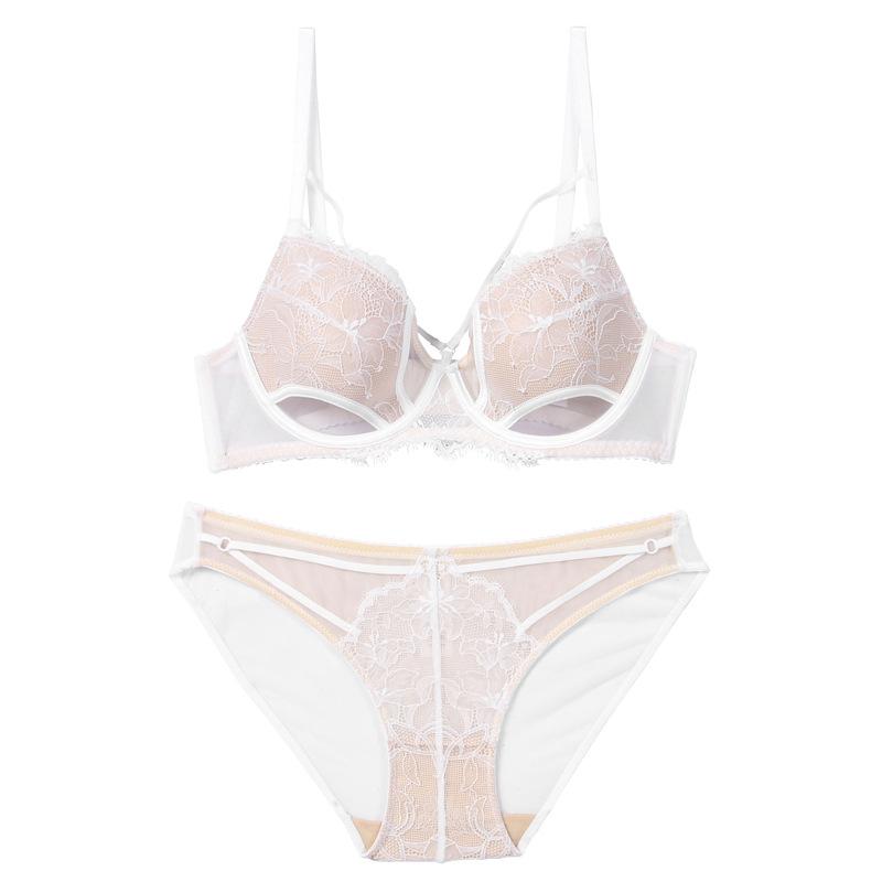 French sexy underwear women s summer thin breathable lace underwear big chest small anti-sagging bra set 70B белый