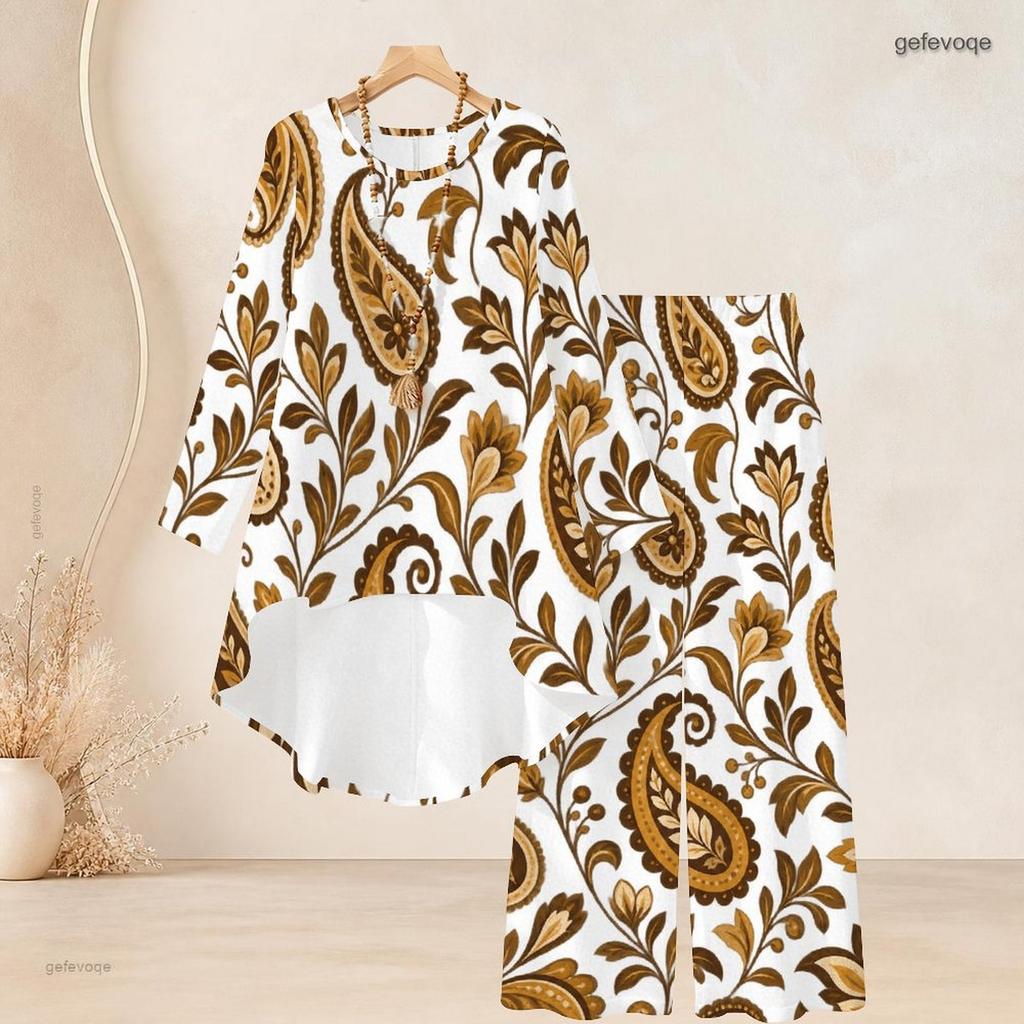 Women Plus Size Round Neck Long Sleeve Printed High Low Top Wide Leg Pants Two Piece Set