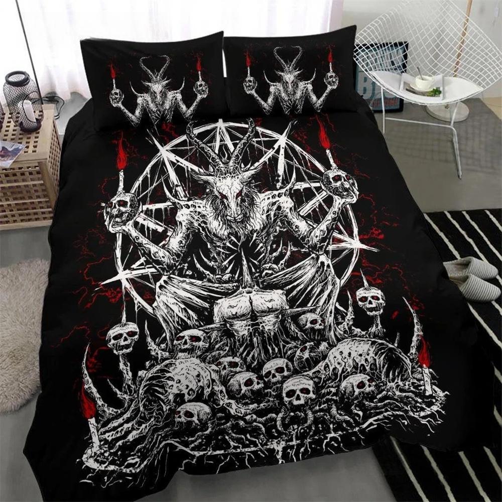 Skull Skeleton Satanic Goat Skull Duvet Cover Set Trophy Demon Breed Bedding Sets Night Blue Pink Satanic Baphomet Quilt Cover