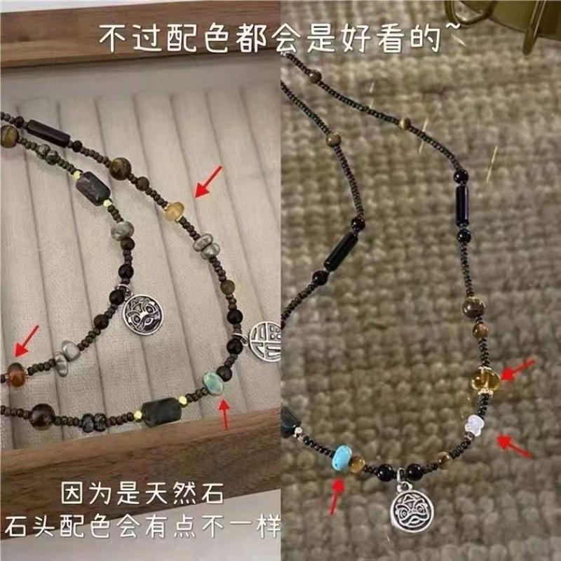 Natural stone "Little Lion Dance" necklace, handmade beaded Fu brand collarbone chain, niche light luxury accessories for women