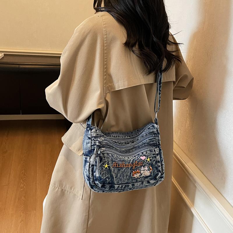Damen Bestickte Denim Tasche Leichte Umhängetasche