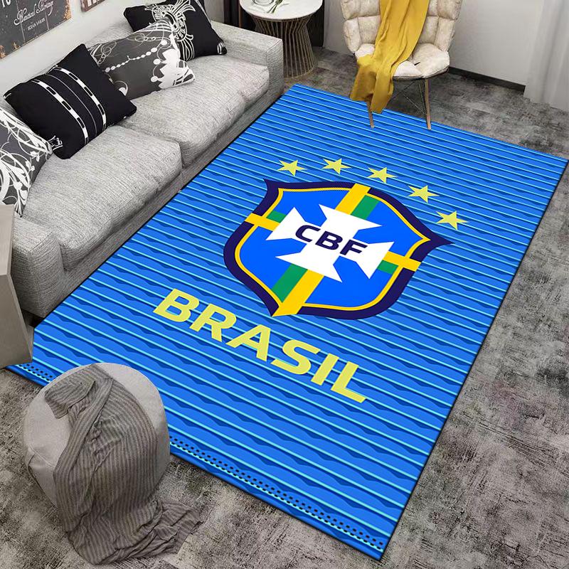 Blue Carpet with Brazil CBF Shield Design and Gold Stars Decor Suitable for use as an anti-slip for living room bedroom sofas