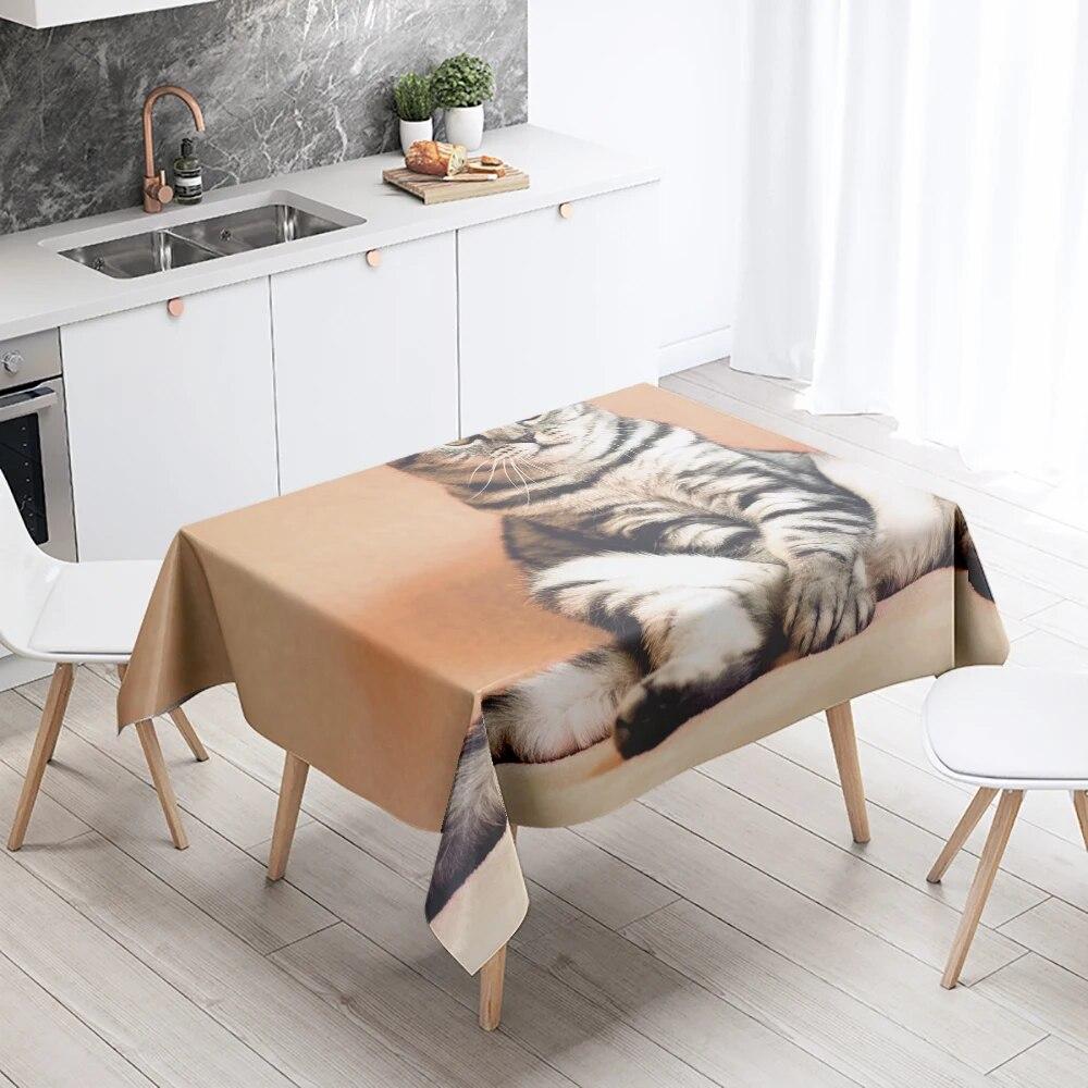 Sleeping Cat Tablecloth Cute Kitten  Anti-fouling and Waterproof Rectangular Kitchen Dining Table Home Decoration