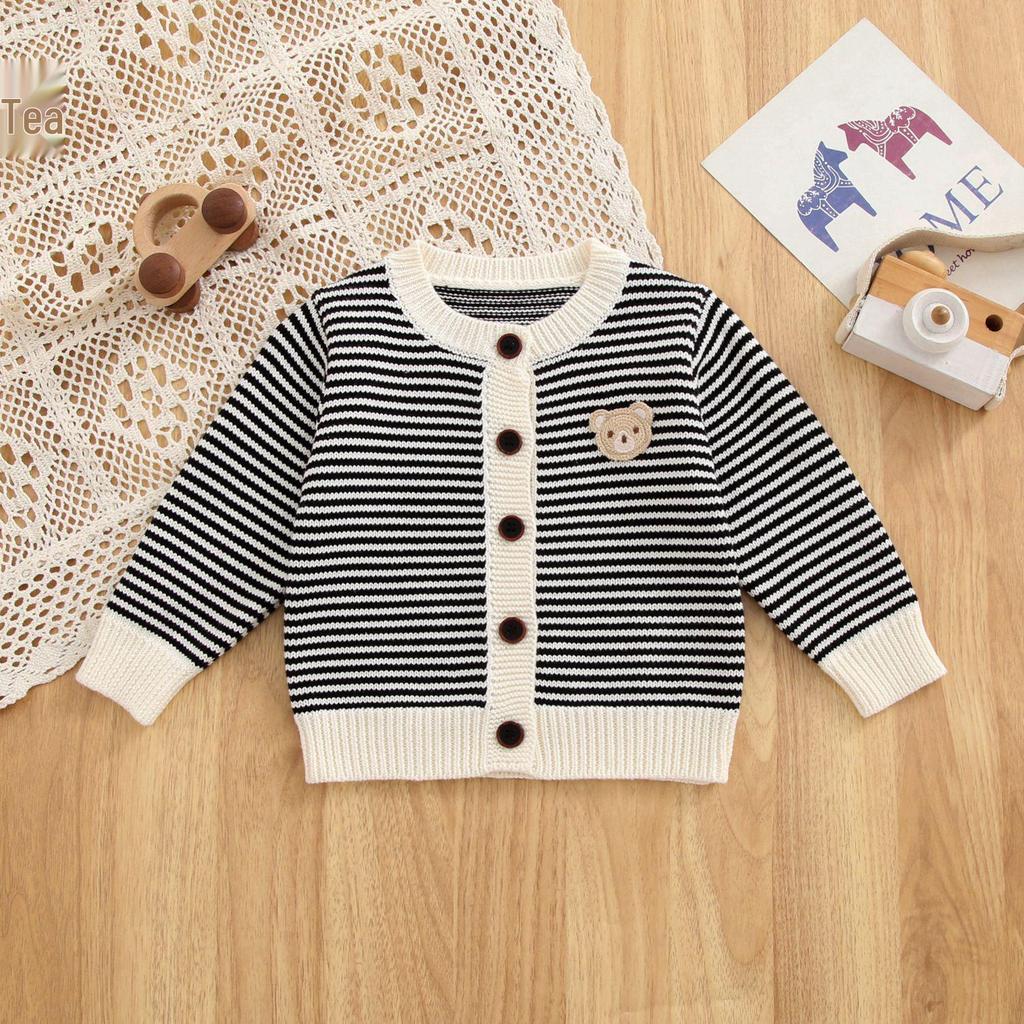 Boys' Striped Bear Embroidery Cotton Knitted Cardigan for Spring/Autumn.