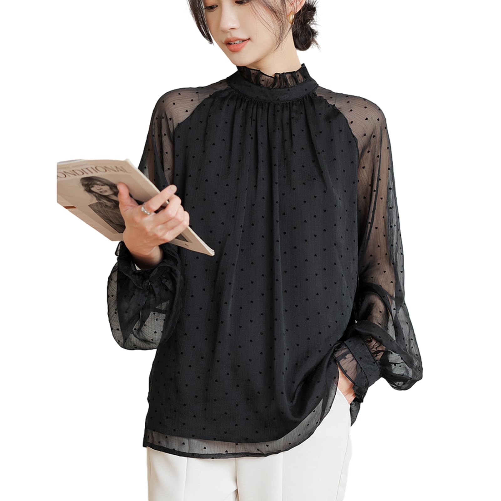 

Рукав-буф с сердечком и горошком, лестный свободный крой, идеально подходит для повседневного офисного и формального стиля и лета [CCGGOWMM] Женская футболка с принтом, стильная, чёрный