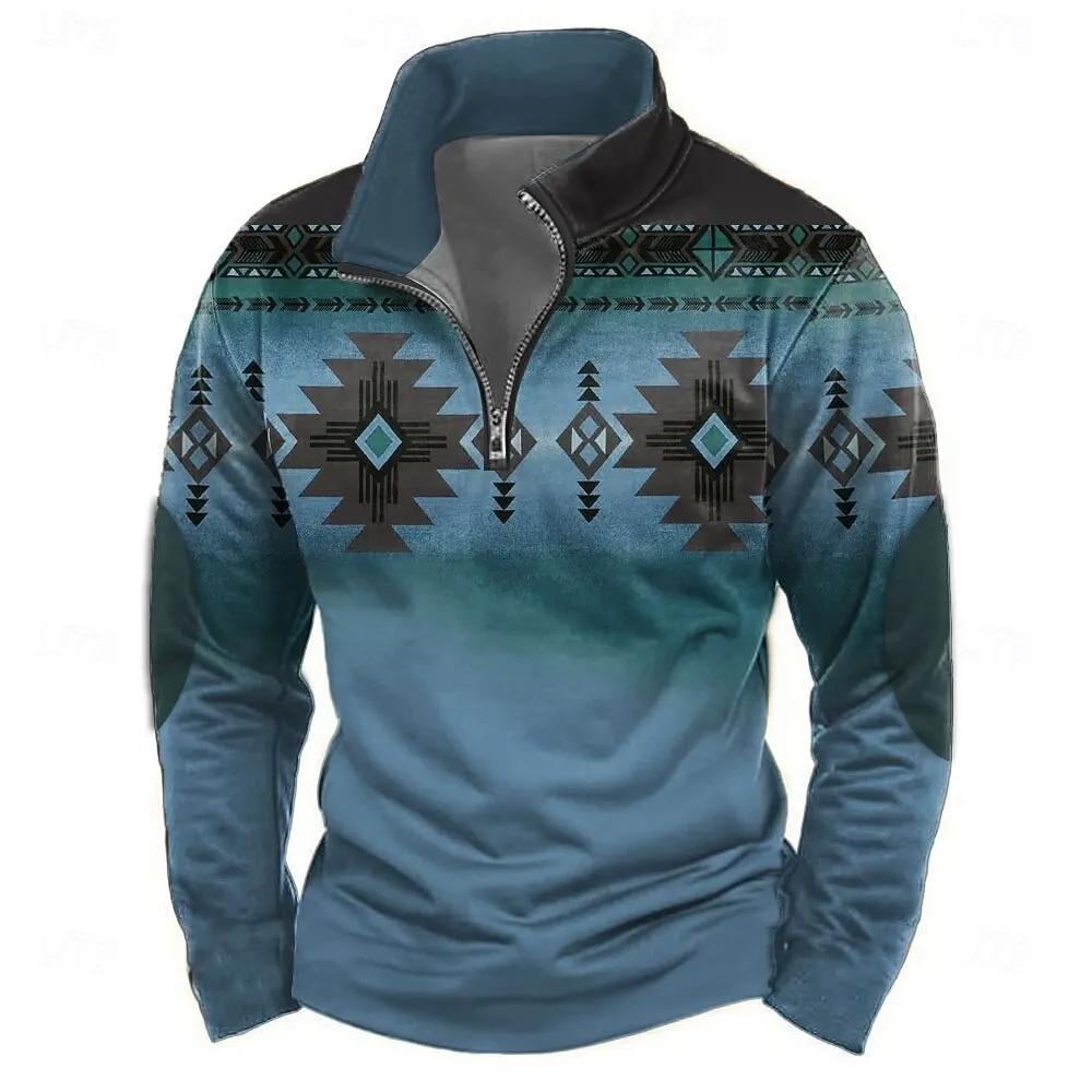 3D Geometric Pattern Men's Zipper Sweatshirts Vintage Ethnic Long Sleeve Half Zip Pullover Fashion Outdoor Street Casual Clothes