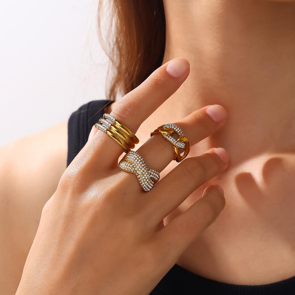 Three-layer Ring with Rhinestones, Stainless Steel Fashion Simple Design, Gold-plated Stainless Steel Ring for Women