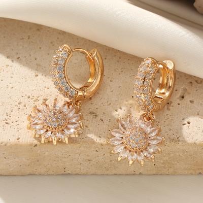 1 Pair Fashion Sun Flowers Dangle Earrings for Women Cubic Zirconia Jewelry Daily Wedding Party Accessories