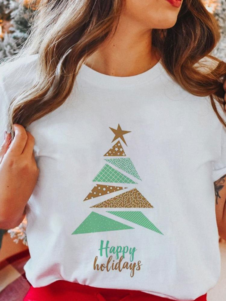 Women's Tops Christmas Short Sleeve Tees Female Summer Beach Funny Cartoon Santa Reindeer Printed T-Shirt Regular Graphic Female