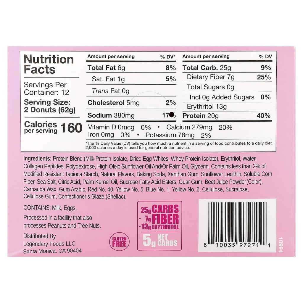 Legendary Foods, Protein Donuts, Pink Sprinkles, 12 Pack, 62g (2.2oz) Each