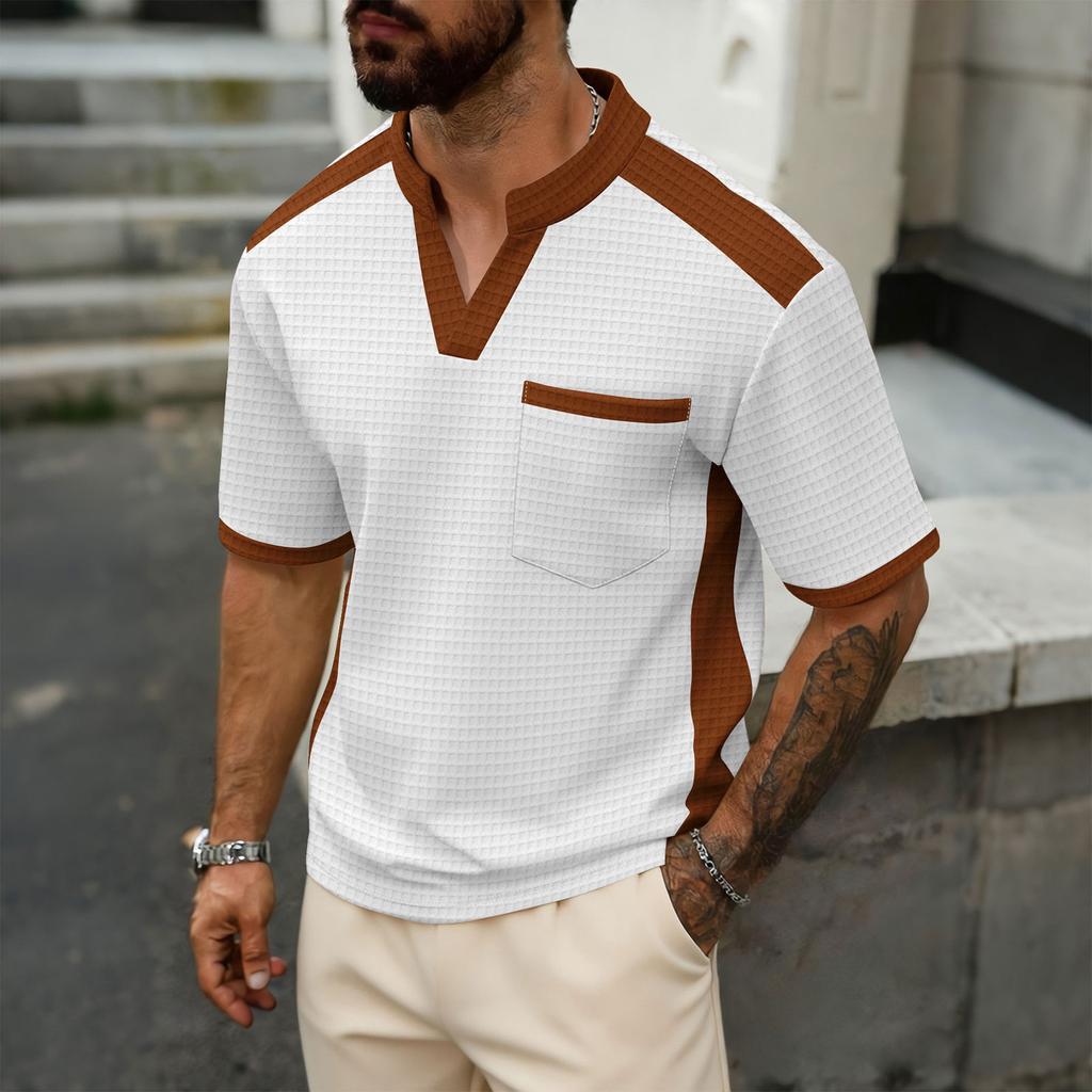 Men's Color Blocked V-neck Patchwork Short Sleeved Casual Breathable Top