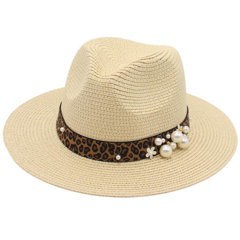 Spring And Summer 2022 New Panama Straw Hat Leopard Print Pearl Top Hat Men And Women Elegant Foldable Jazz Hat