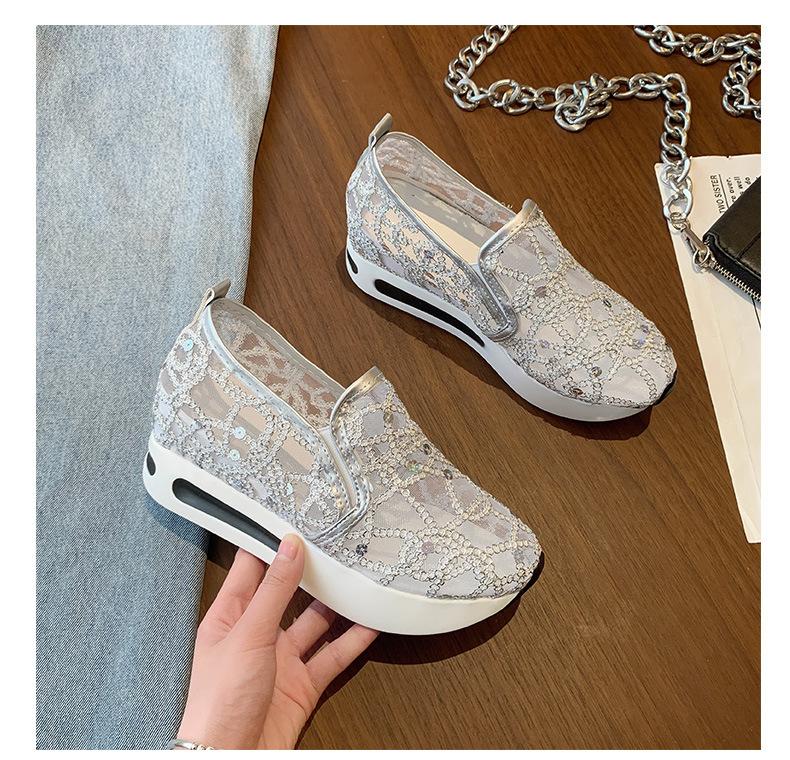 Spring Korean version of the new lace mesh 2025 casual foot cover high heel inner height increase muffin sole women's single shoes