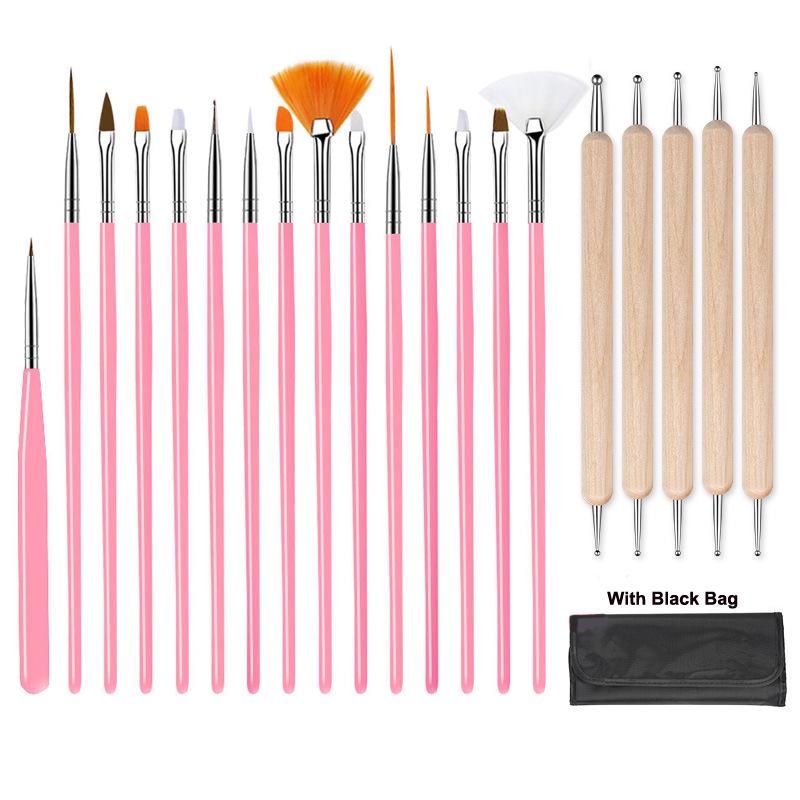 20-Piece Nail Art Brush Set: Painting, Gel, Cleaner, Dotting & Gradient Pens for Flower Designs