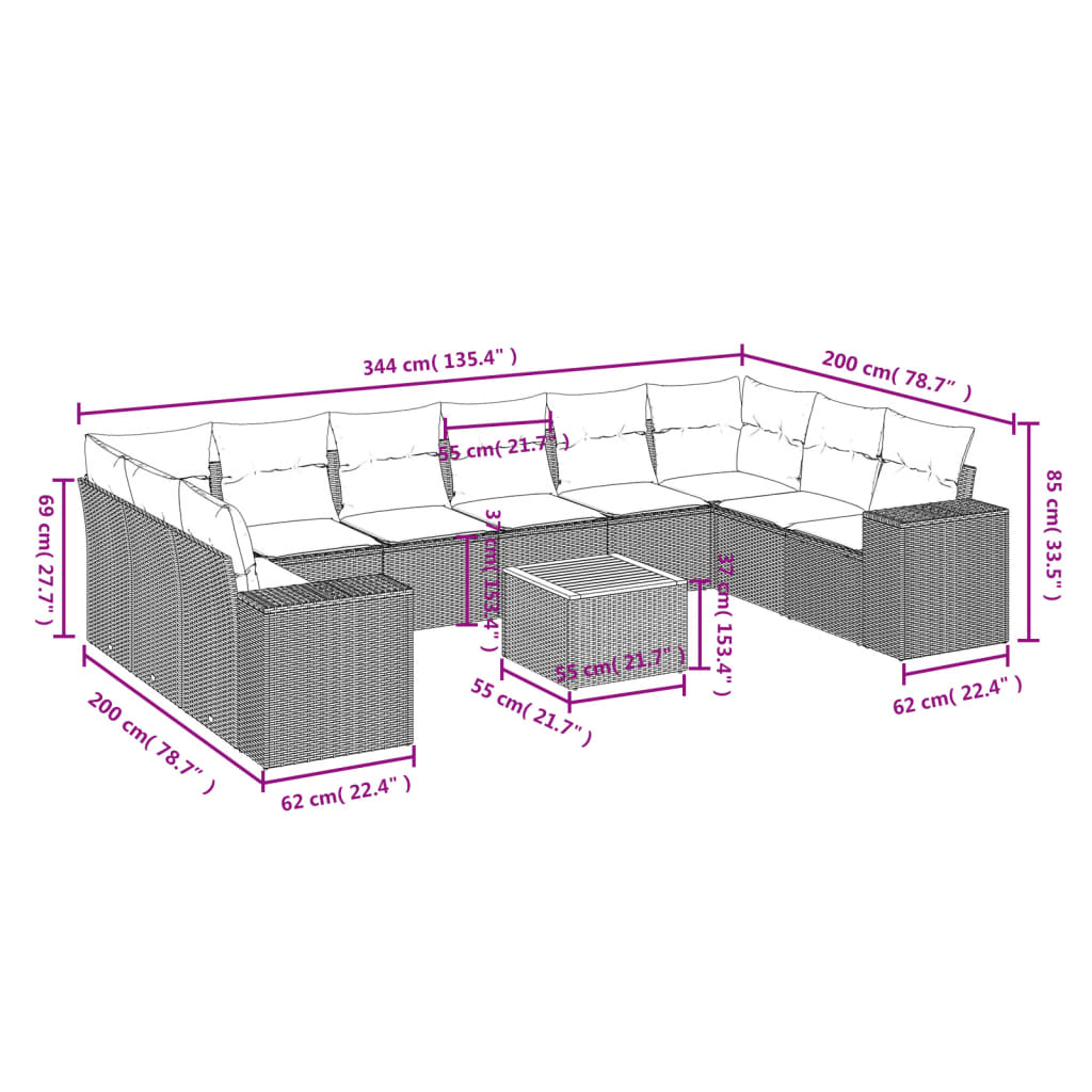 11-teiliges Gartensofa-Set mit Kissen Schwarzes Poly-Rattan