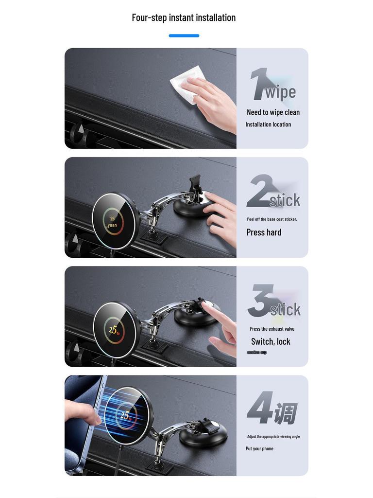 25W Magnetic Car Phone Holder with Wireless Charging and Suction Cup Mount