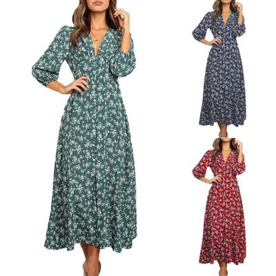 Boho Floral Maxi Dress Elegant Style Long Sleeve High Waist Loose Casual Beach Dress for Women Bohemian Printed
