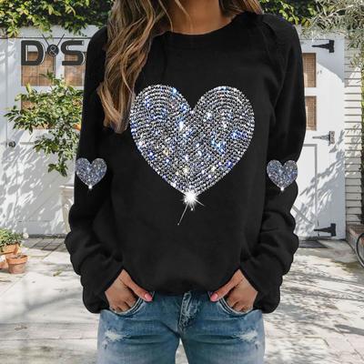 Dames Tops Ronde Hals Lange Mouw T-shirt Glanzende Pailletten Hart Print Sweatshirt Lente Herfst Dagelijkse Kleding