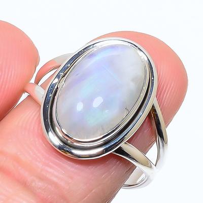Natural Rainbow Moonstone Gemstone 925 Solid Sterling Silver Ring Size 9.5 g3O02