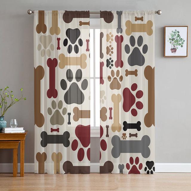 Cartoon Pet Paw Footprint Tulle Curtains For Living Room Bedroom Decoration Chiffon Sheer Voile Kitchen Window Curtain Drapes