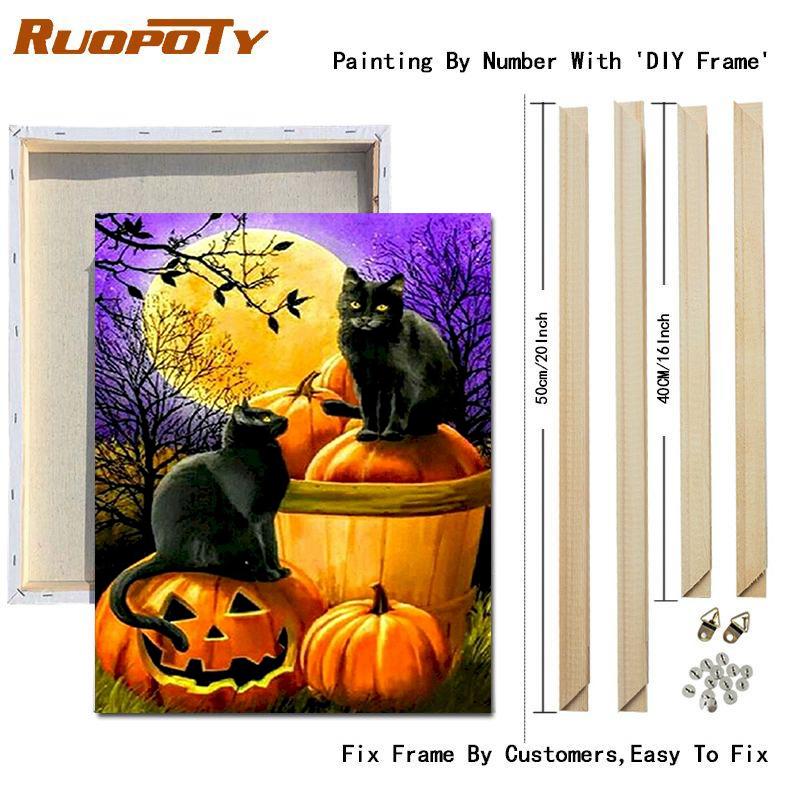 RUOPOTY Painting By Number Cat Animals DIY Frame Acrylic Handpainted Drawing On Canvas Autumn Pumpkin Gift Home Decoration