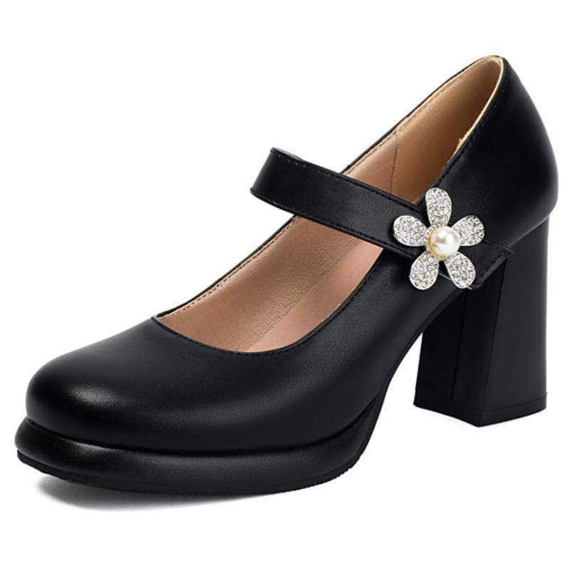 Damen High Heels Mary Janes Schuhe 2025 Mode Schwarz Weiß Blockabsatz Büro Hochzeitsschuhe Damenkleid Pumps Große Größe 45