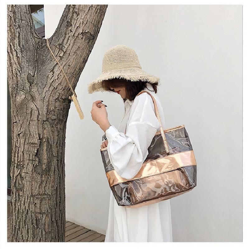 Stylish Pvc Transparent Jelly Beach Bag Waterproof Shoulder Bag In Rose Red Blue Gold Brown