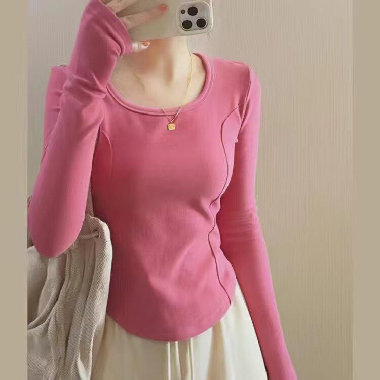 Chic Women's U-Neck Long-Sleeve Slim-Fit Top - Trendy, Flattering Base Layer for Spring/Autumn