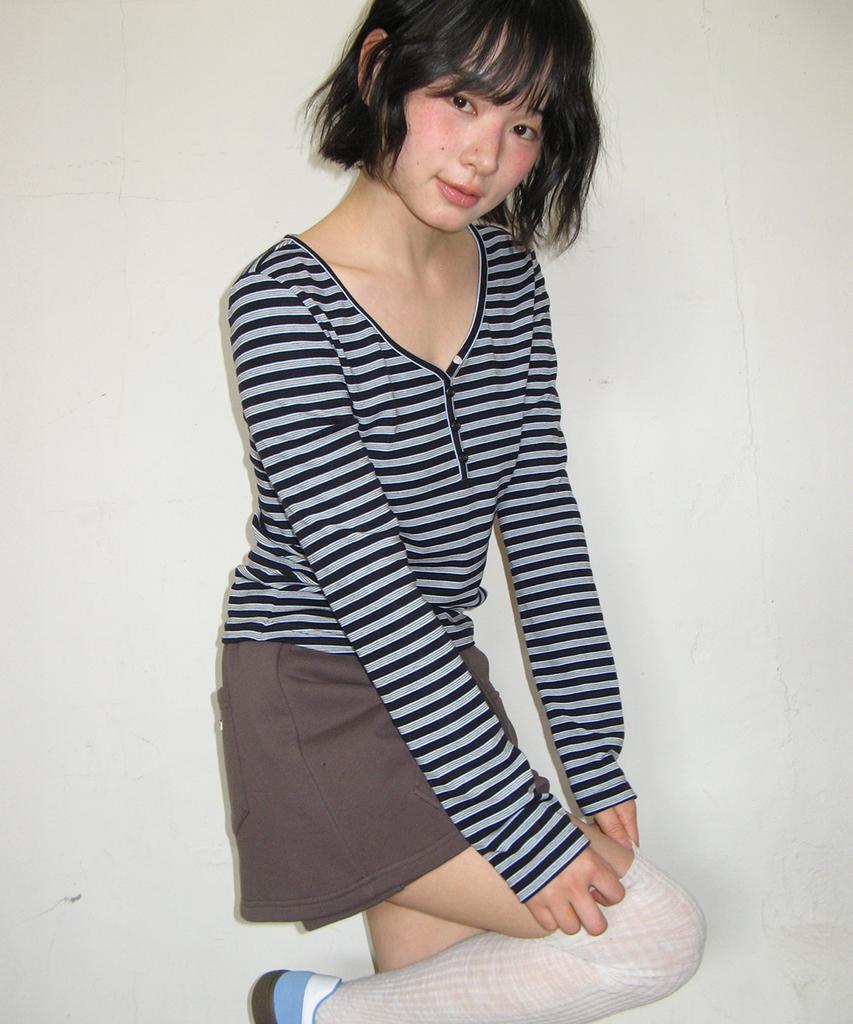 RONRON Multi Stripe V Neck Long Sleeve Navy