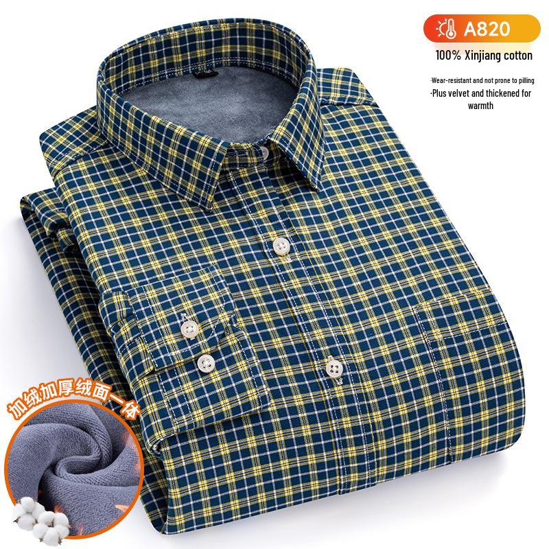 New Plus Size Velvet-Lined Men's Pure Cotton Plaid Shirt - Warm, Thickened for Autumn/Winter Cold Protection