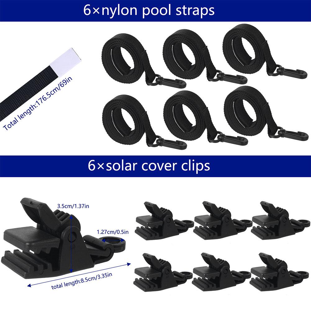 24PCS Swimming Pool Solar Cover Straps and Clips Including 8 Straps with Hooks 8 Clips & 8 Fastener for In-Ground Swimming Pool