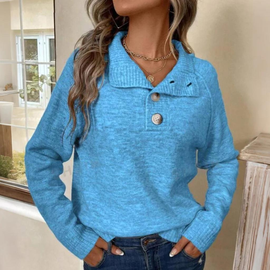 Dámský ležérní pletený svetr se stojáčkem, jednobarevný ležérní volný svetr na knoflíky